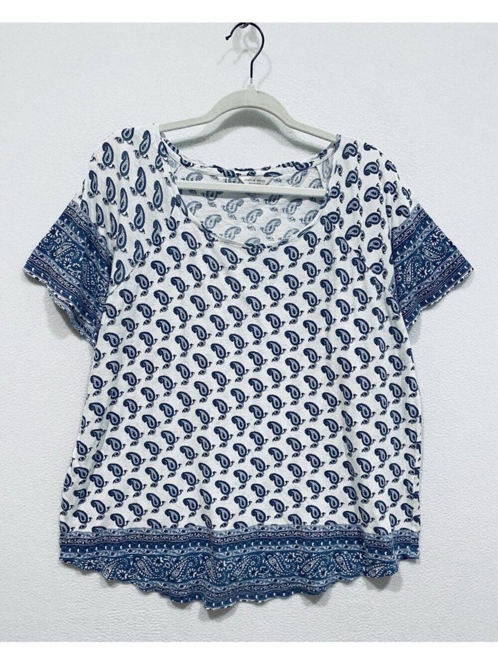 Lucky Brand Top Womens 1X White Blue Paisley Slub Knit Lightweight Peasant Boho